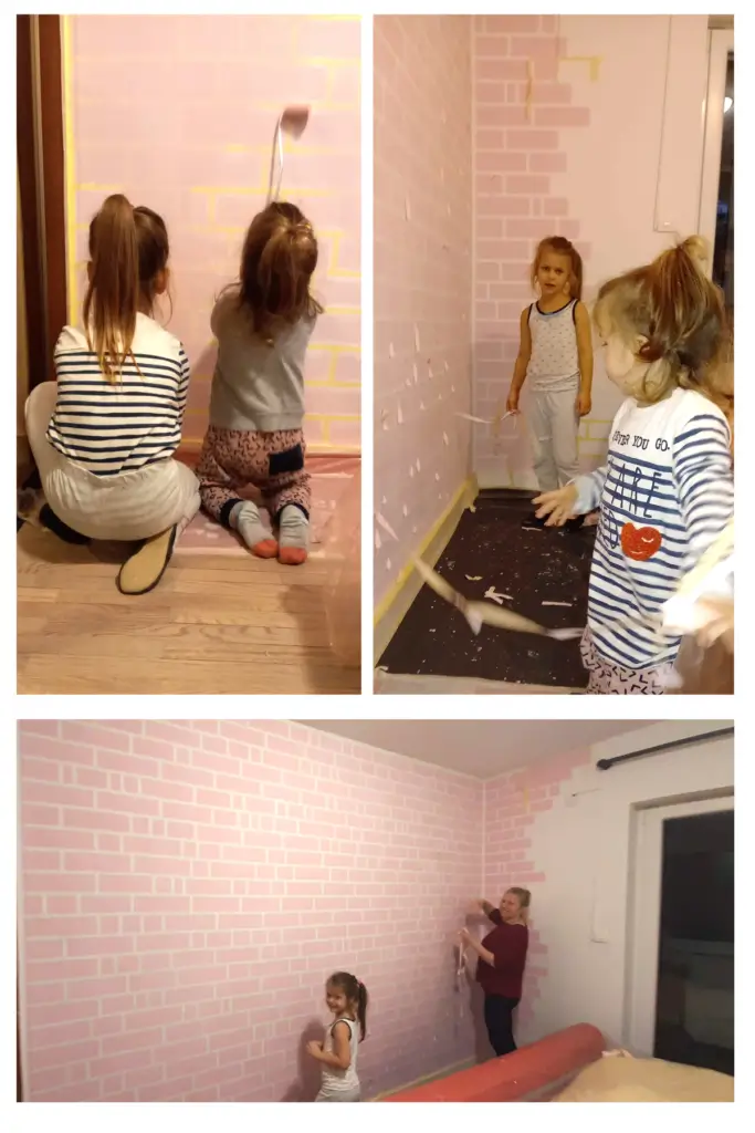 How to Paint Baby Room Wall 10 DIY children painting a pink faux brick accent wall with masking tape during bedroom makeover