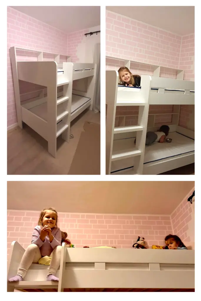 How to Paint Baby Room Wall 12 White bunk bed in a kids room with pink brick-pattern walls, children smiling on the top bunk.