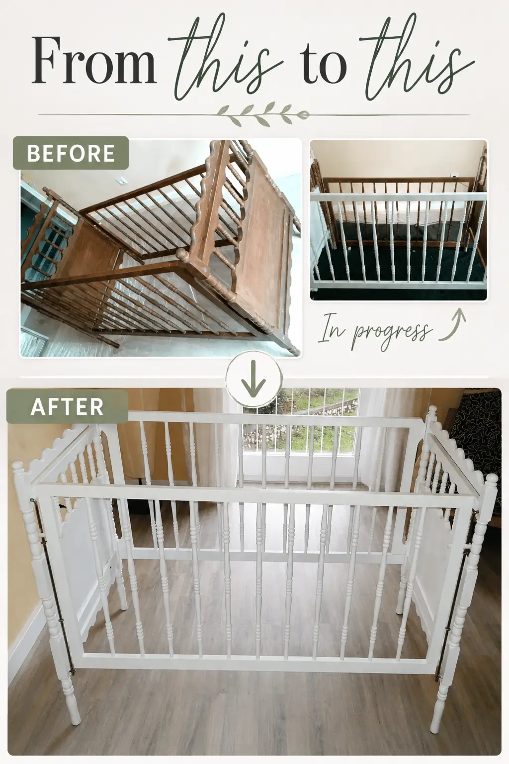 How to Paint Baby Room Wall 2 Before and after DIY spindle crib makeover: refinishing a vintage wood crib painted white