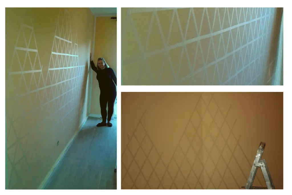 How to Paint Baby Room Wall 3 DIY geometric accent wall with taped triangle and diamond pattern, collage with ladder and homeowner
