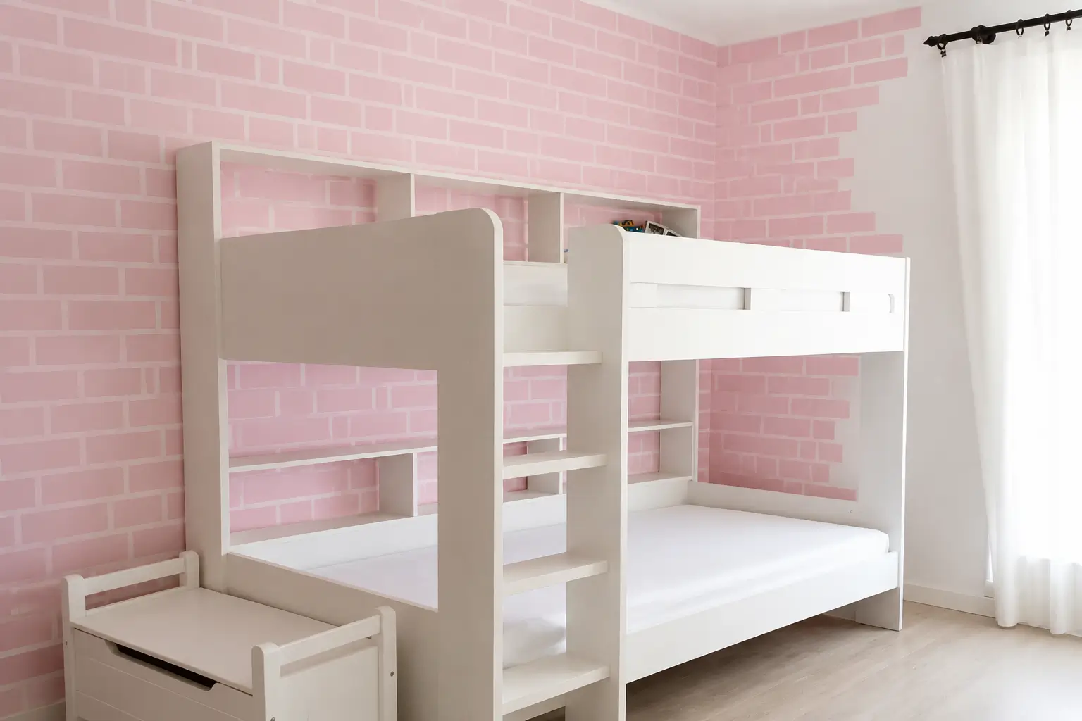 How to Paint Baby Room Wall 15 White bunk bed with ladder and shelves against pink brick wall in bright kids room