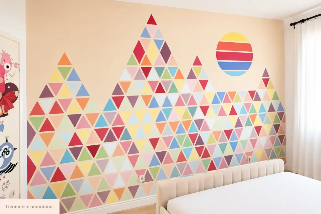 How to Paint Baby Room Wall 5 Colorful geometric triangle mountain wall mural with striped sun in a bright kids bedroom decor.