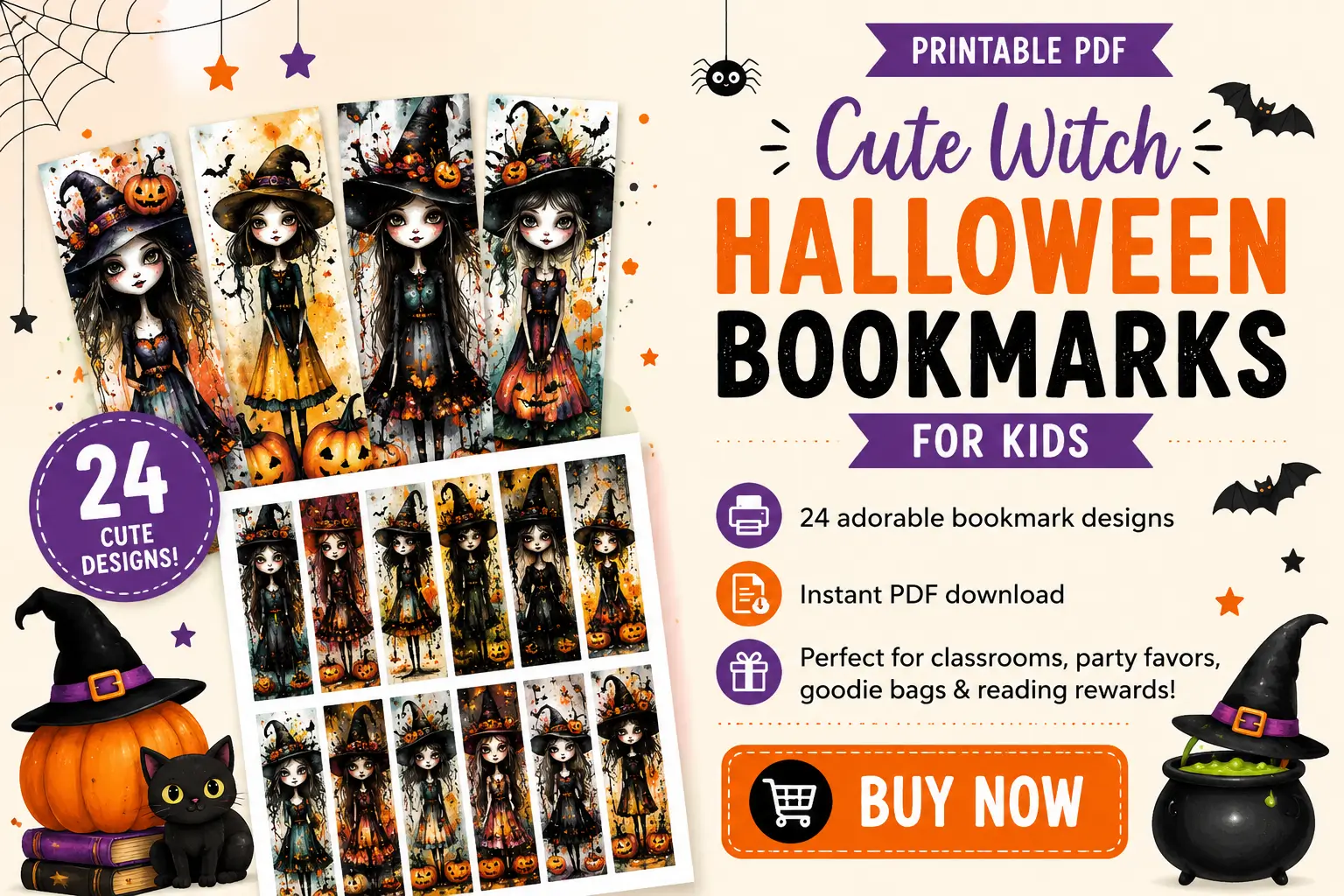 Printable cute witch Halloween bookmarks for kids - 24 designs, instant PDF download