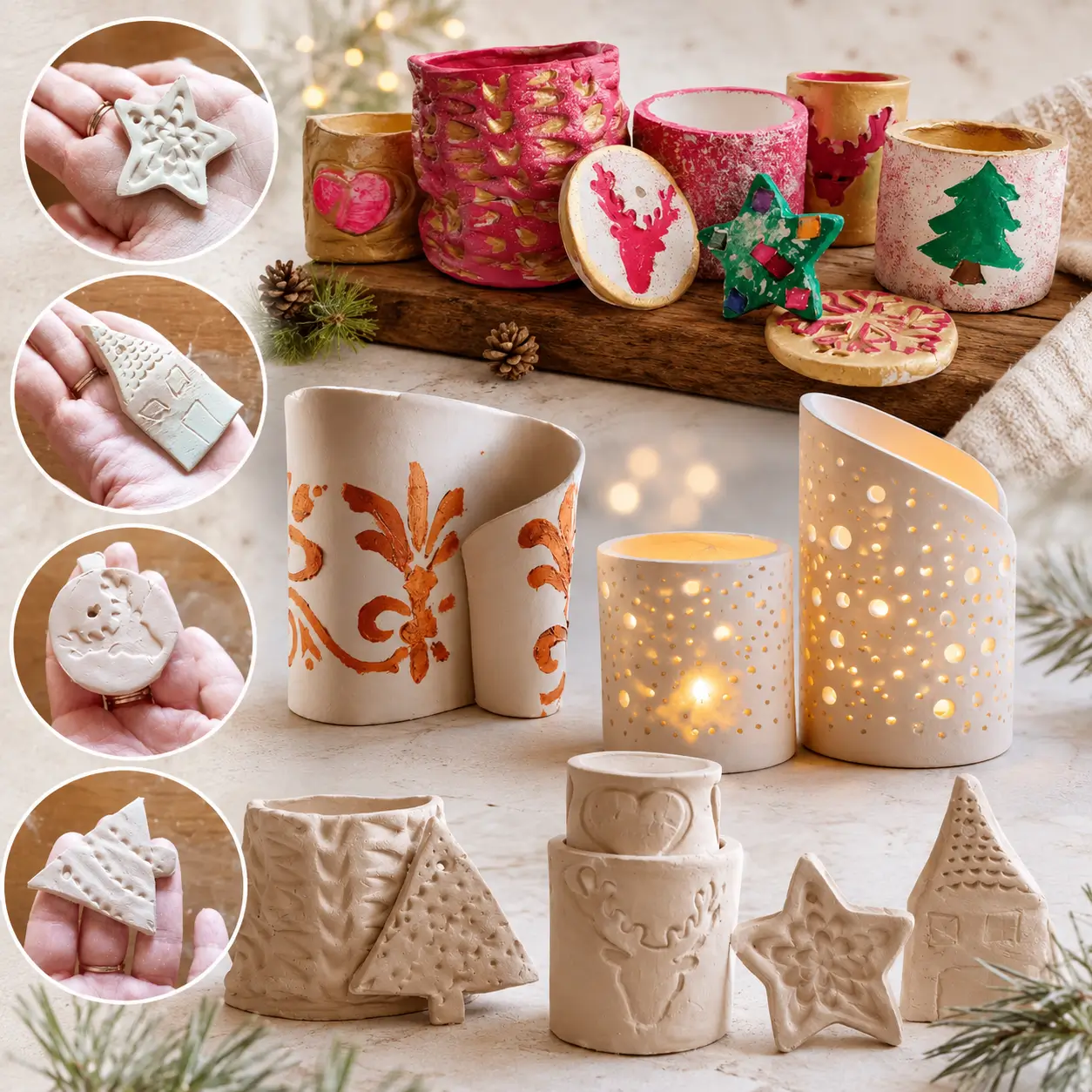 Gift Ideas With Clay Kids Can Make - The Joy of Gifting 1 Handmade air-dry clay Christmas ornaments and luminary candle holders DIY