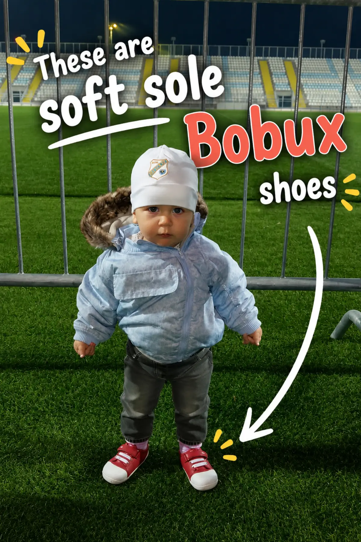Non Toy Gifts for 1 Year Old - 25 Ideas From Moms 12 Toddler in winter jacket wearing red Bobux soft sole shoes on a football field at night