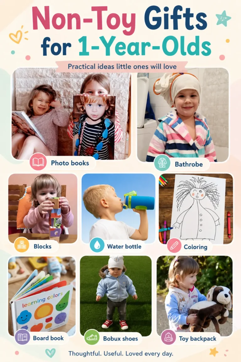 Non-toy gift ideas for 1-year-olds: photo books, bathrobe, blocks, water bottle, coloring, board books, shoes, toy backpack.