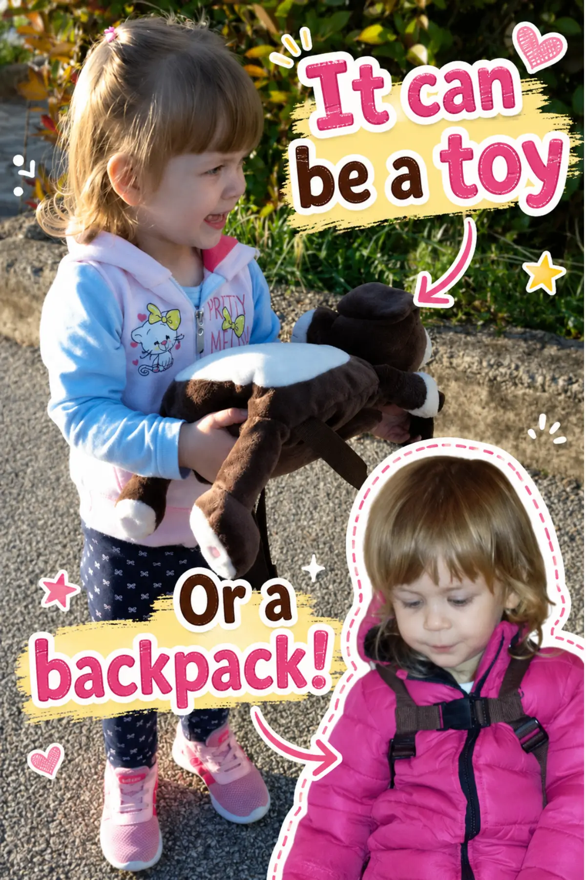 Non Toy Gifts for 1 Year Old - 25 Ideas From Moms 9 Toddler with convertible plush monkey backpack toy, outdoor kids lifestyle photo