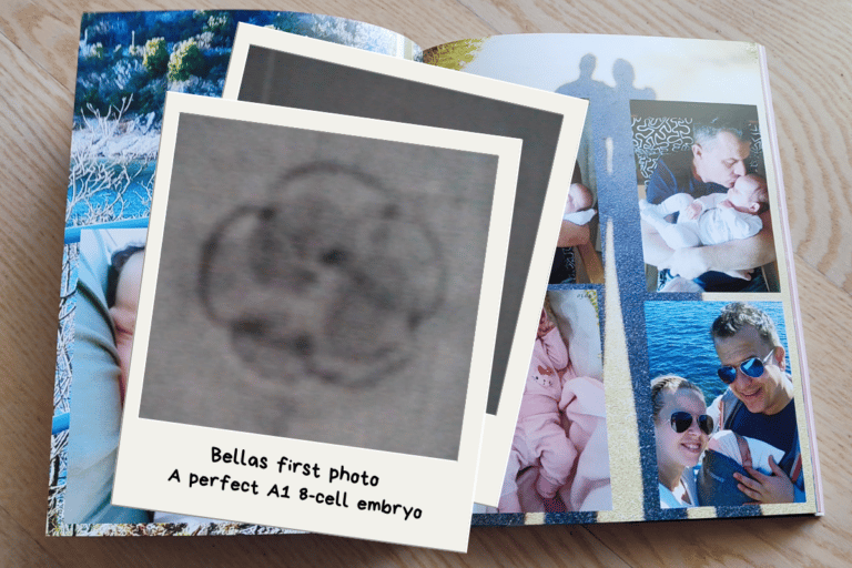 Natural Cycle IVF Success Stories 1 Family photo album with newborn baby pictures and an embryo snapshot on top