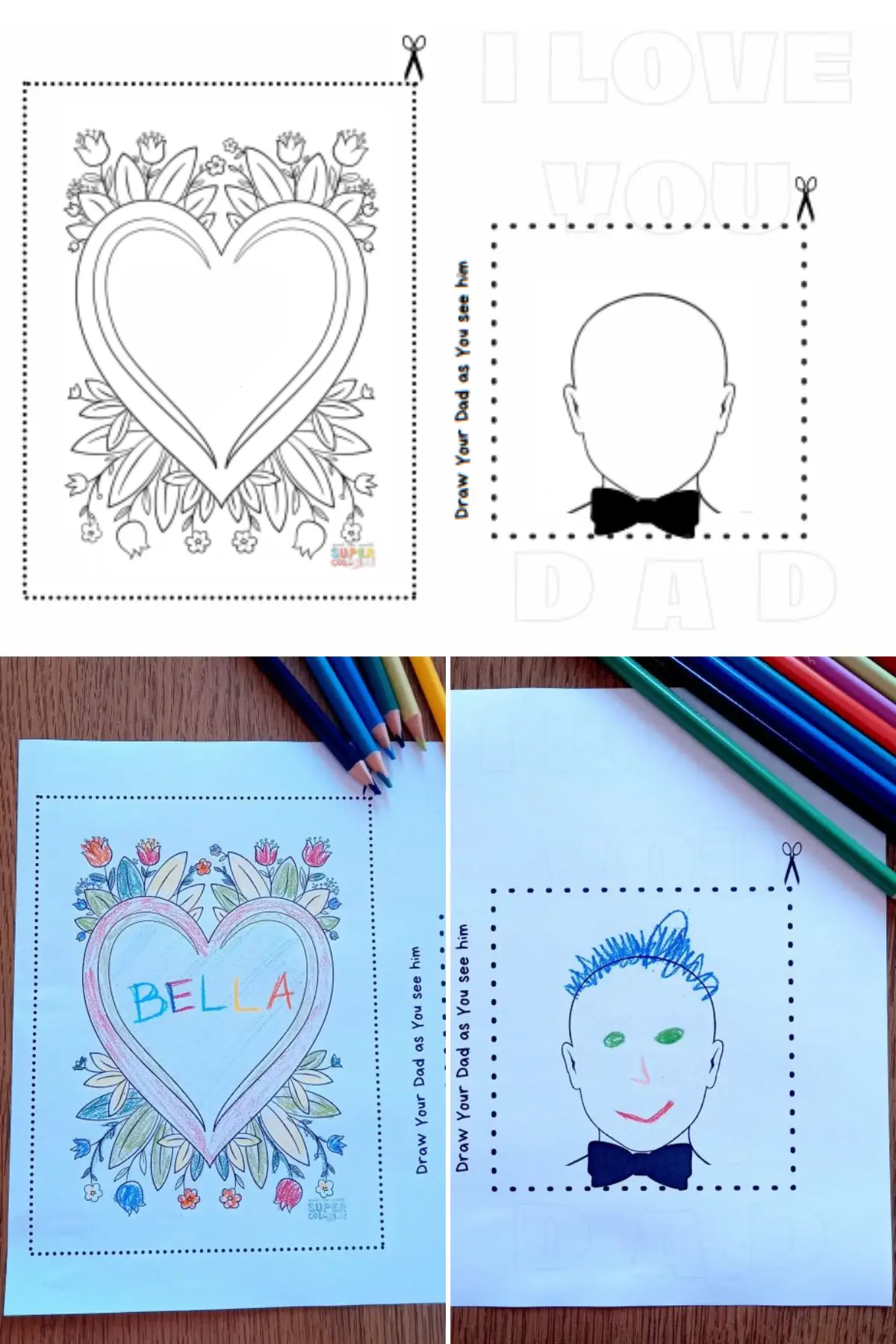 Amazing 'I Love You Dad' Card - Free Printable 8 Fathers Day kids craft printables: heart coloring page and draw your dad portrait templates
