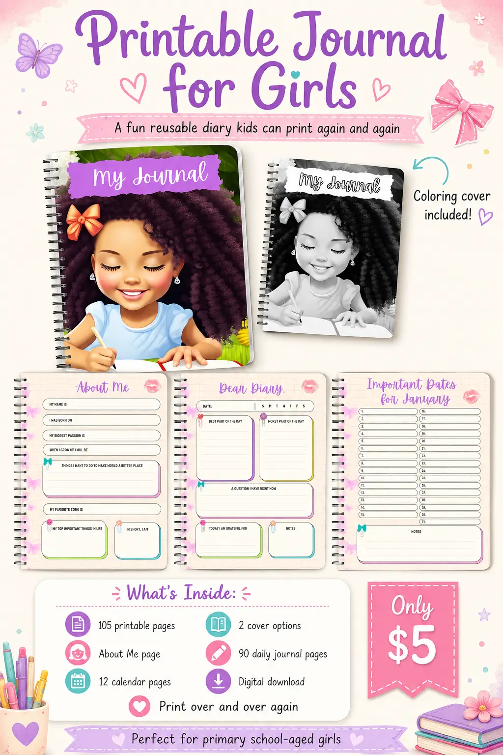 Printable Journal for Girls - Use it Over and Over 1 Printable journal for girls, reusable kids diary with 105 pages, 2 cover options, 90 daily pages, digital download