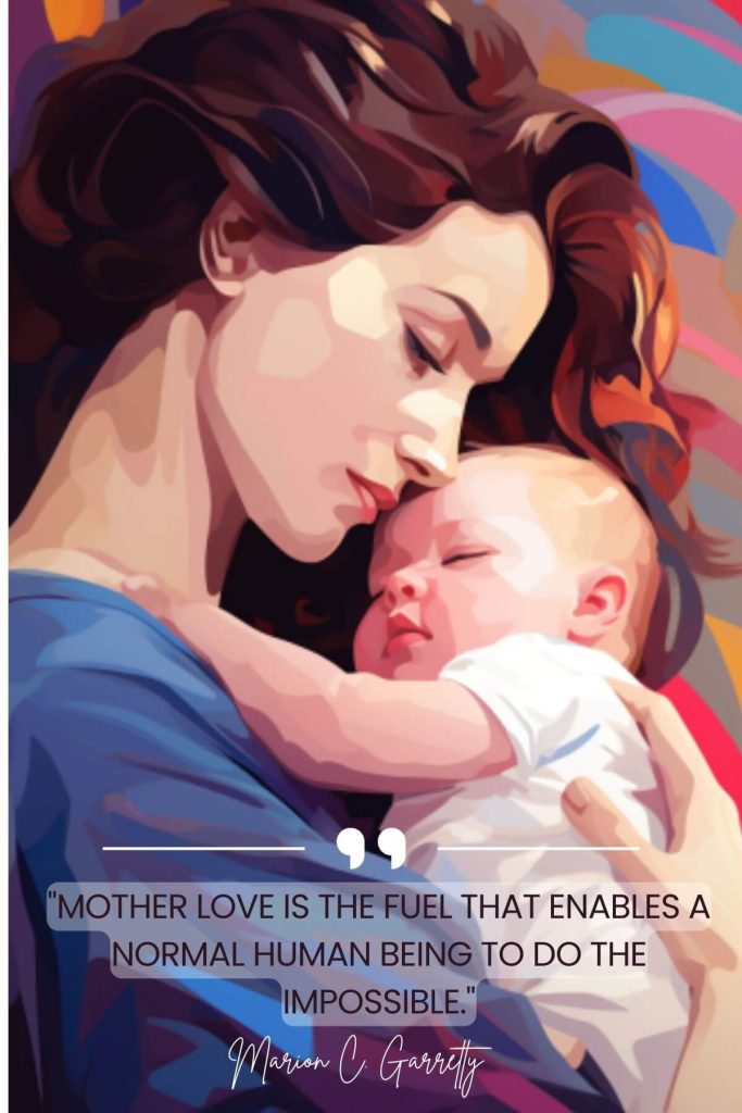 mothers love quote written on an image with a mom and a child