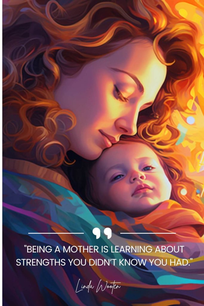 a quote on a mothers strength written on an image of a mom and a baby