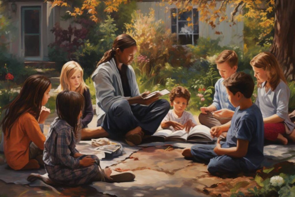 a mom reading to kids in the back yard showcasing a respectful parenting style