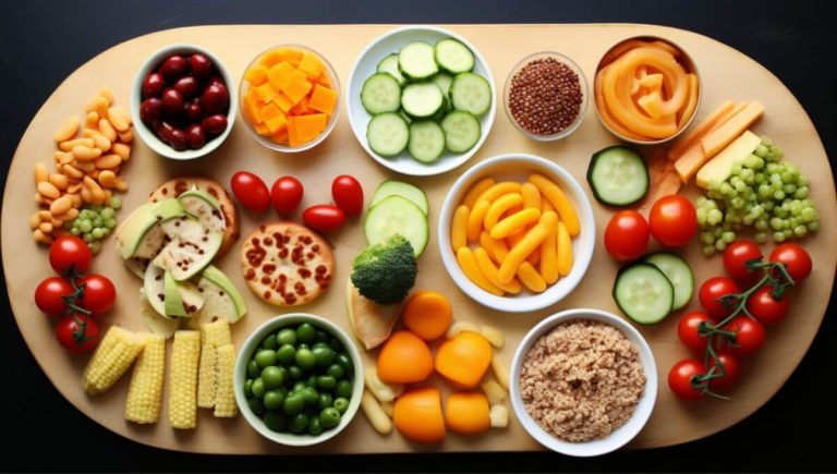 a table full of colorful food for healthy eating for picky eaters