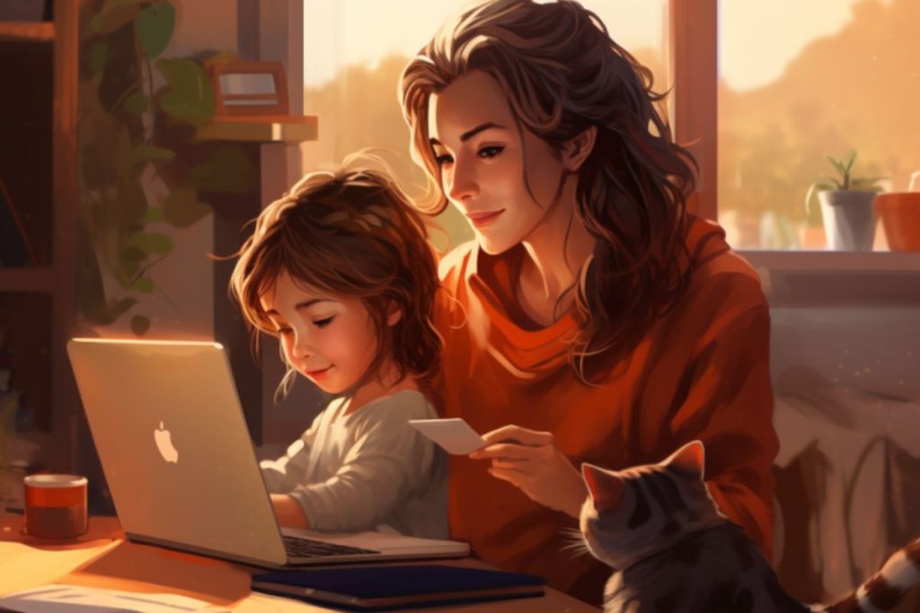 mom working from home with her child on her lap in front of a computer