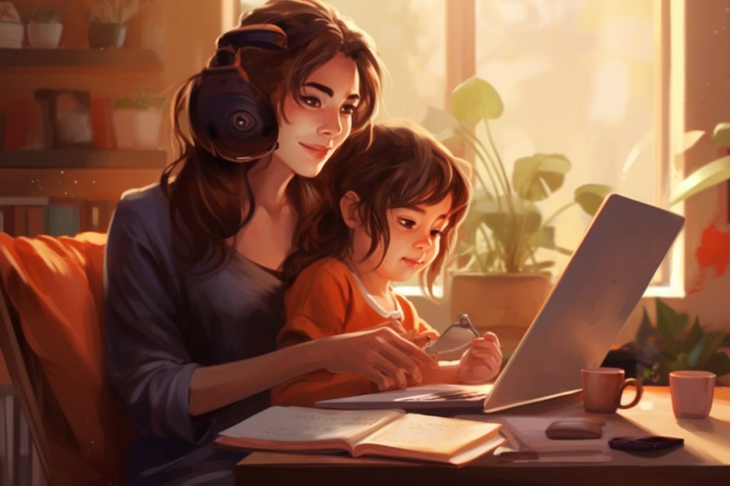 a mom and a baby sitting in front of a computer