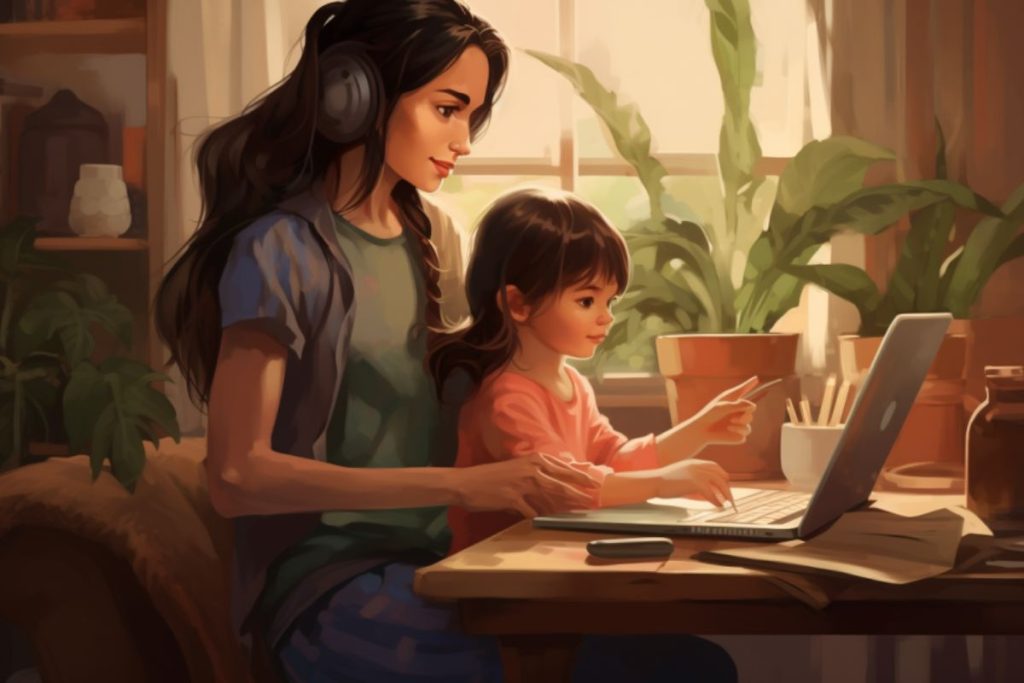 a mom working on her laptop while her daughter sitting on her lap