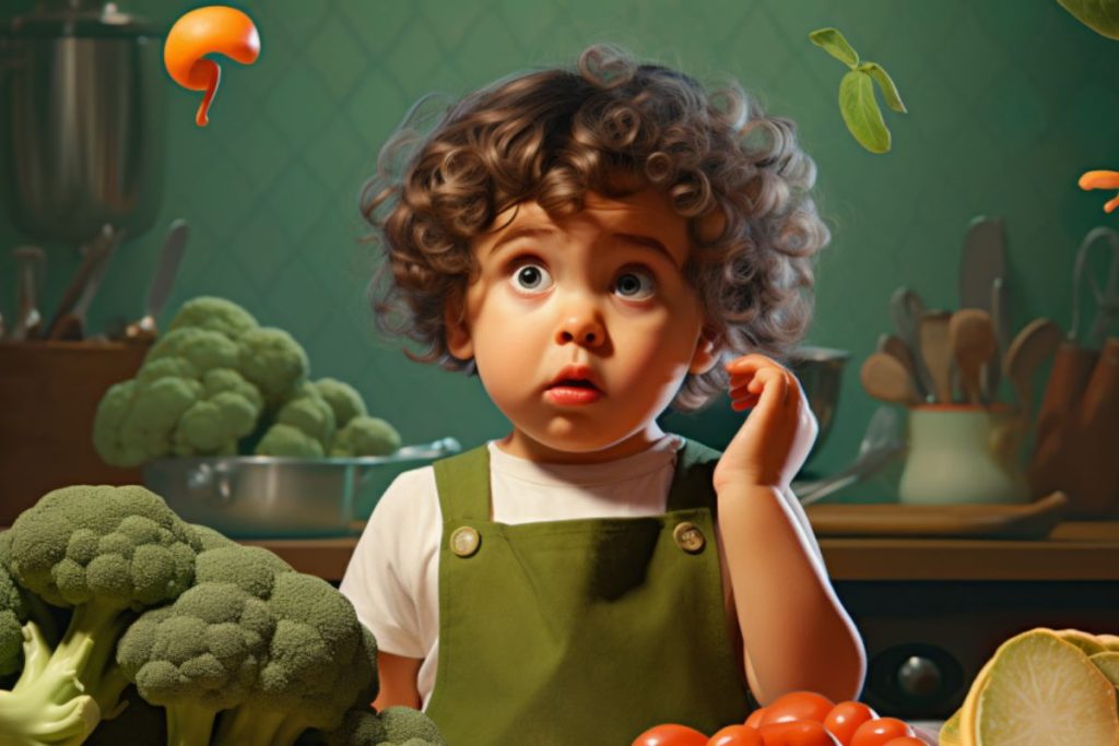 Healthy Eating Hacks for Picky Toddler Eaters 7 a picky toddler eater looking at his brocoli with not satisfied face
