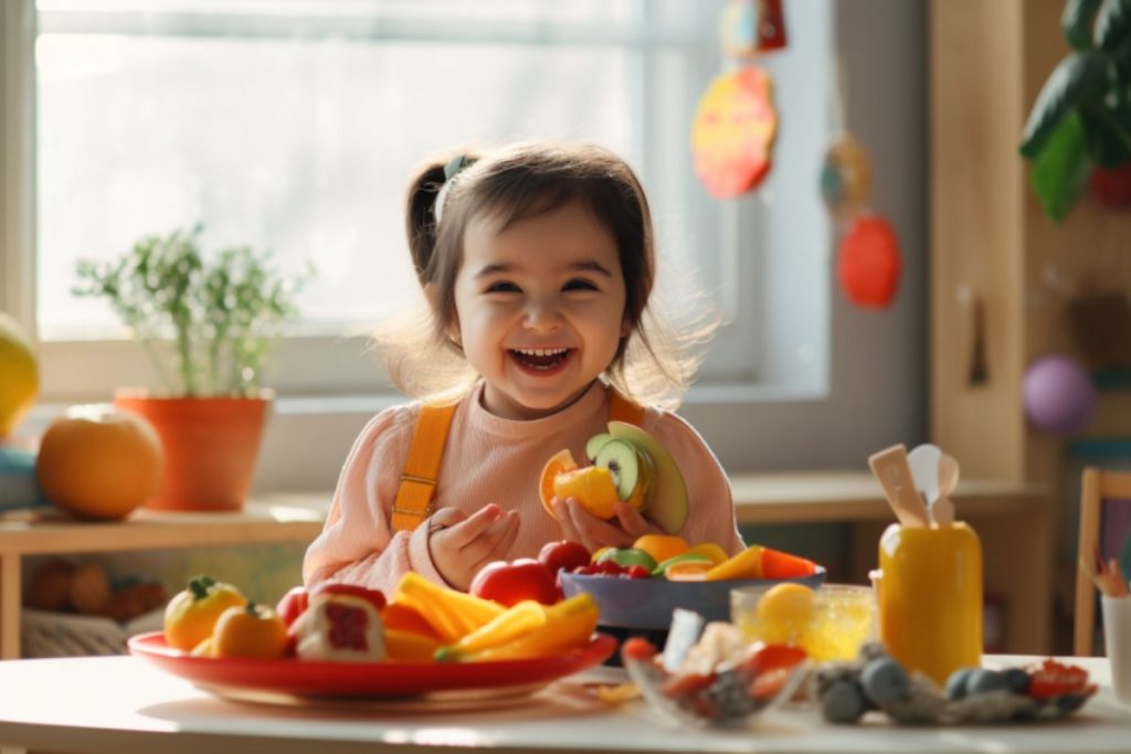 Creating a Positive Eating Space for Toddlers with a kid sitting and joyfully eating fruits
