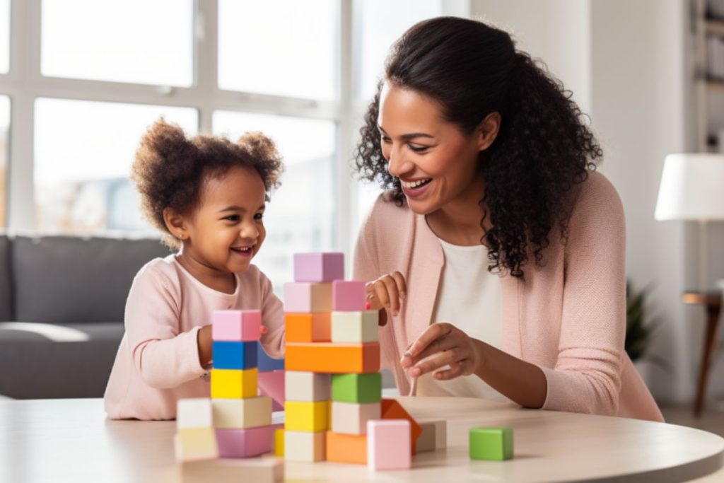 mom and a toddler building blocks and working on cognitive and problem solving skills milestone