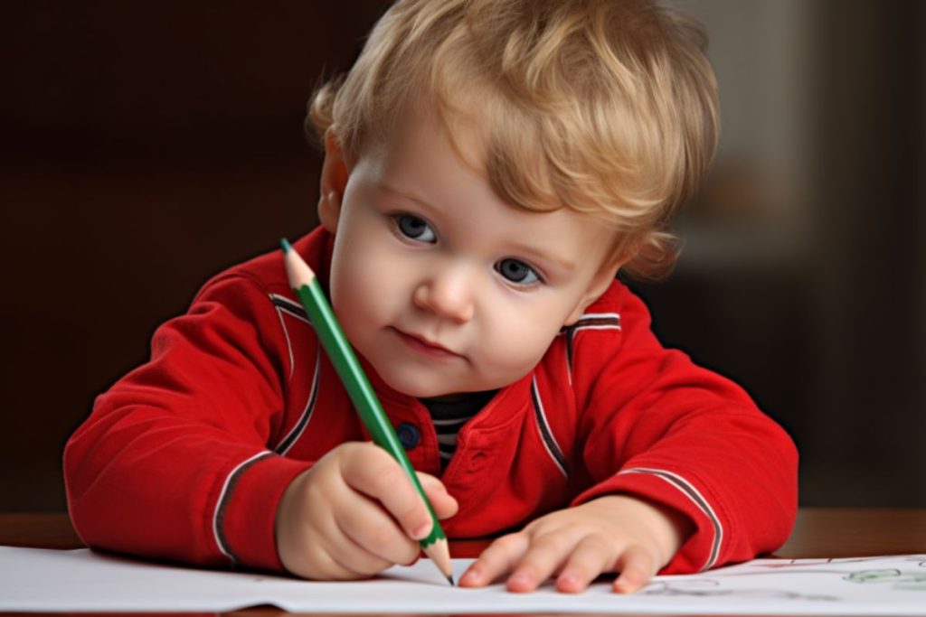 a toddler drawing and improving his hand eye coordination and fine motor skills