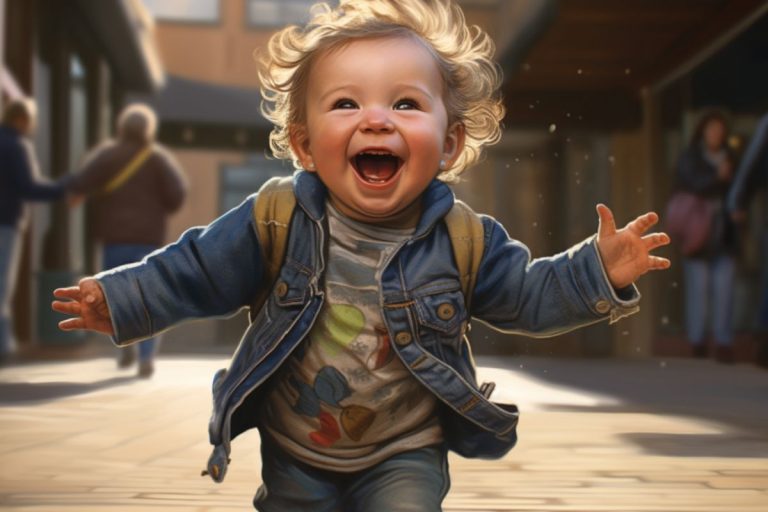 a toddler happily walking as he finally learned to walk and passed that important toddler milestone