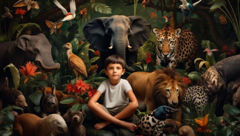 80 Fun Facts About Animals Your Kids Will Love! 10 image of a 7 year old surrounded by animals to learn facts about animals