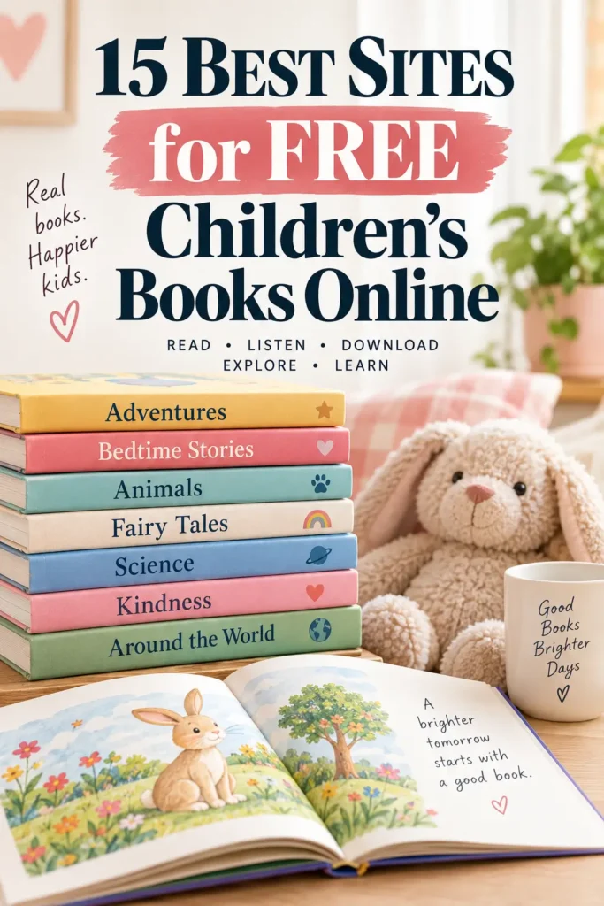 15 best sites for free children's books online, shown with a colorful book stack, open storybook, and plush bunny