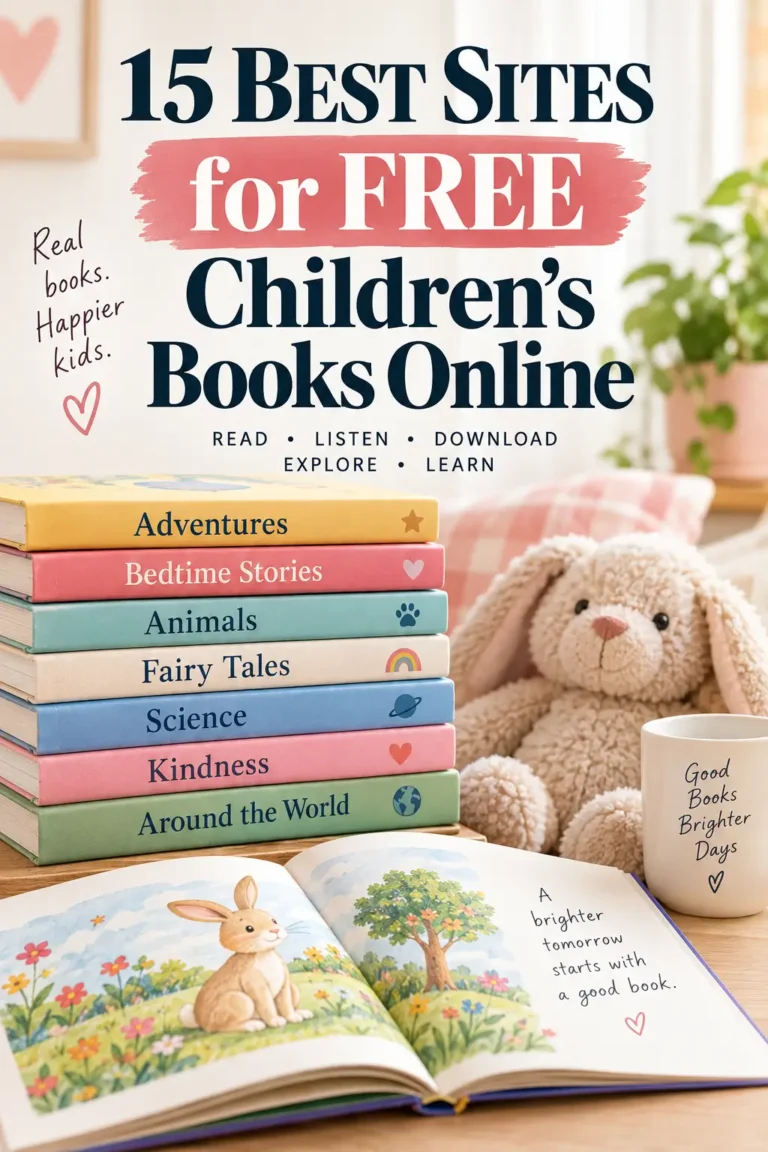 15 best sites for free children's books online, shown with a colorful book stack, open storybook, and plush bunny