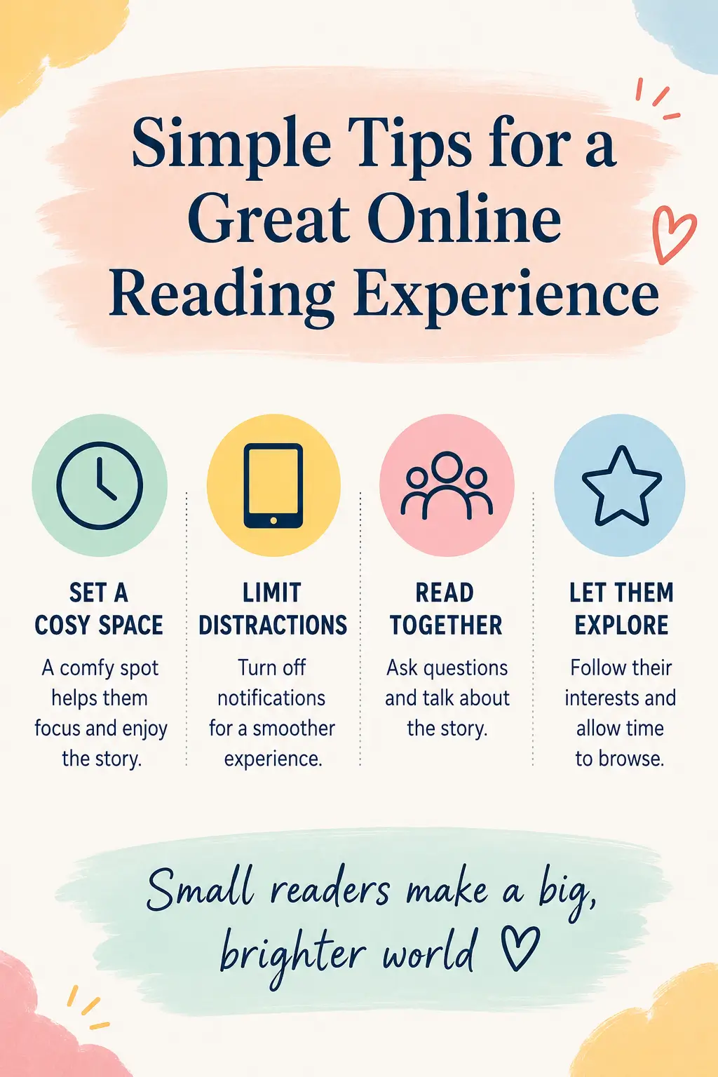 Infographic with simple tips for a great online reading experience: cosy space, limit distractions, read together, explore.