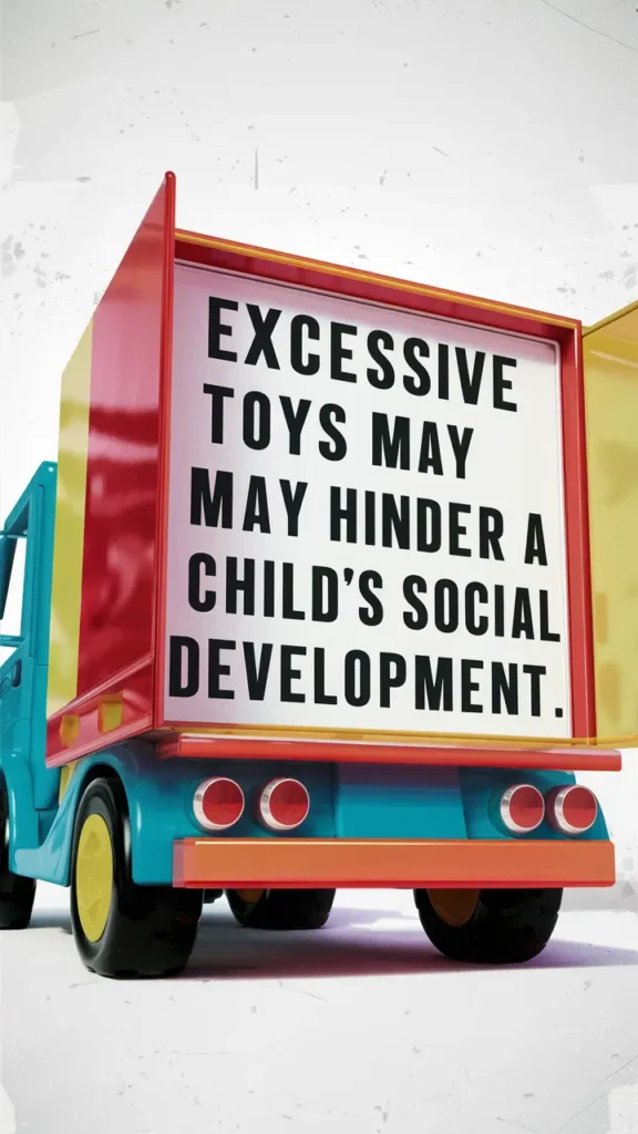 a sign on kids toy that says: Excessive toys may hinder a child’s social development