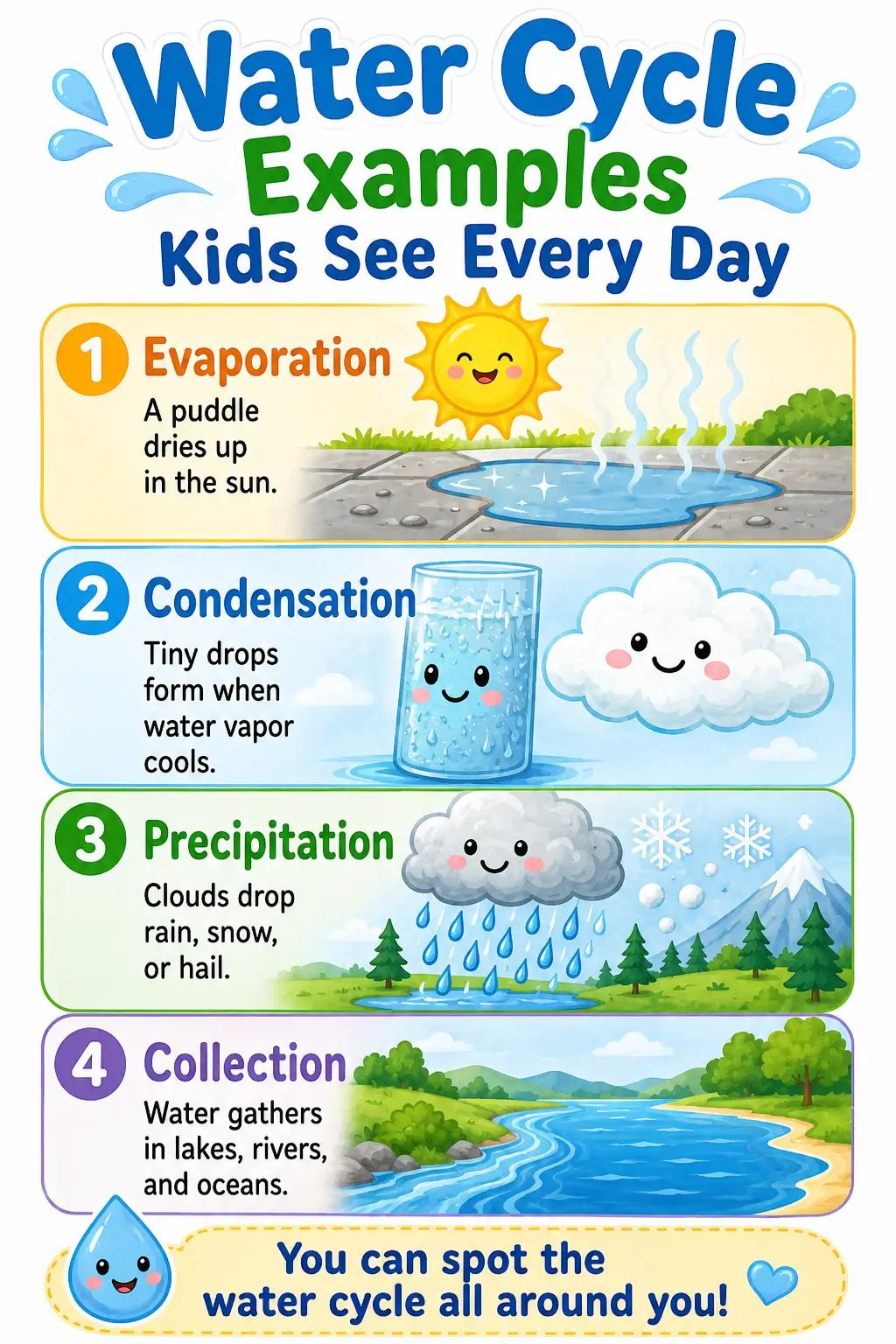 4 Stages of Water Cycle for Kids 5 Kid-friendly infographic of the water cycle: evaporation, condensation, precipitation, and collection with cute icons.