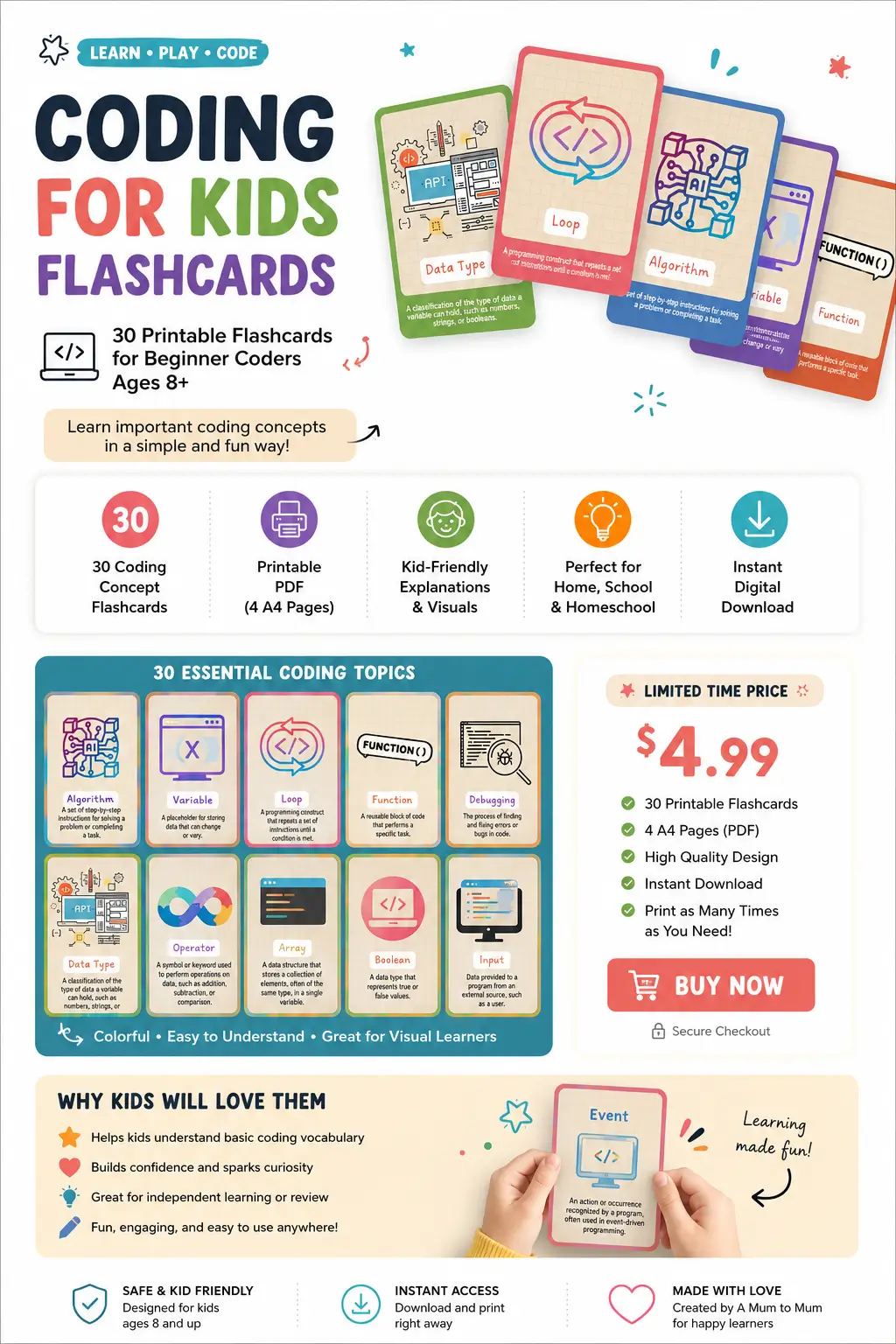 Coding for Kids flashcards poster promoting 30 printable coding concept cards for ages 8+, kid-friendly, instant download.