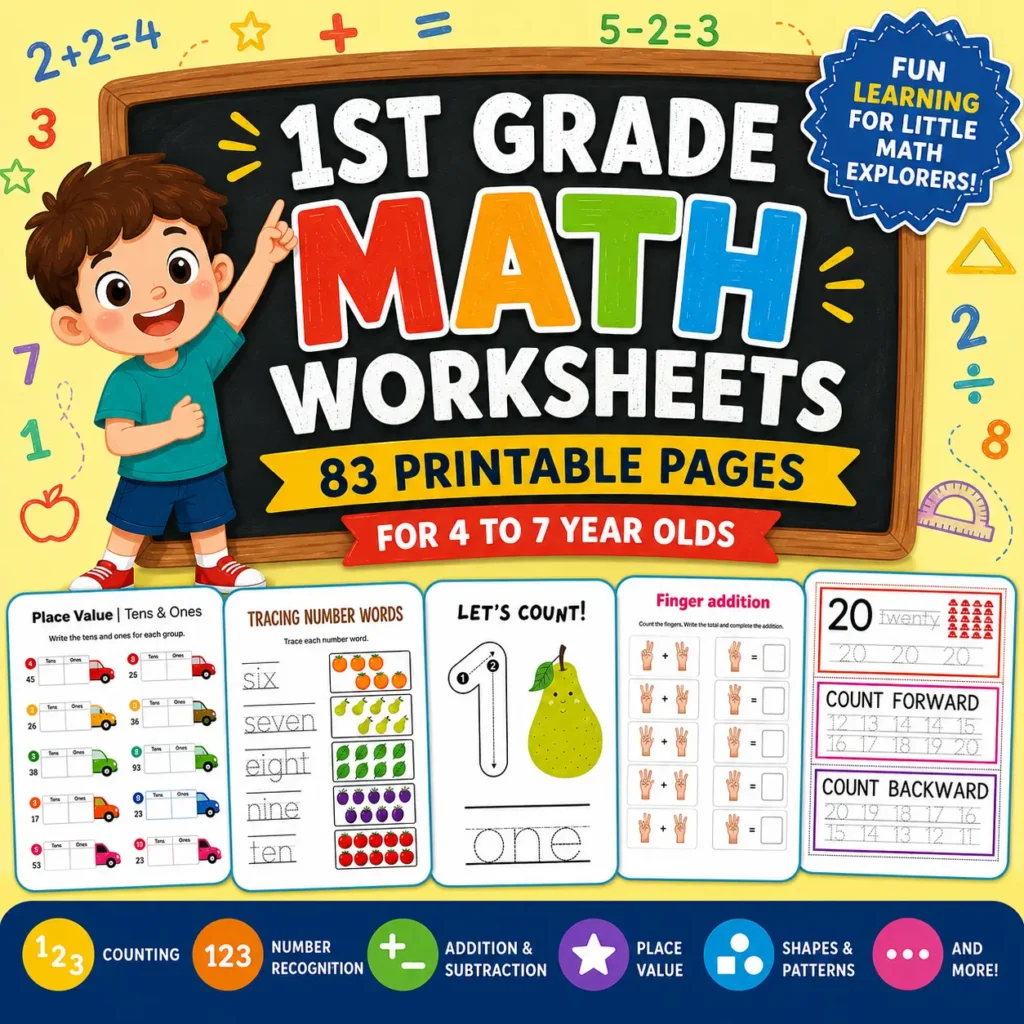 28 Fun and Engaging Kindergarten Math Activities 1 1st grade math worksheets bundle for ages 4-7, 83 printable pages for counting, addition, place value