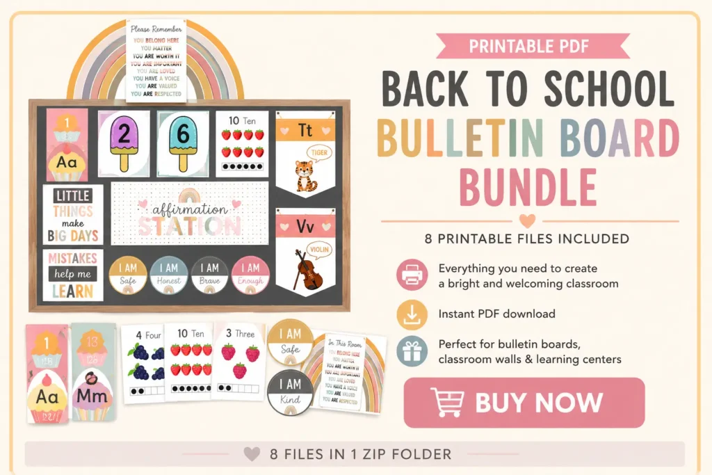 Back to School Bulletin Boards: Creative Ideas, Practical Tips, and Inspiring Examples 1 Printable back-to-school bulletin board bundle for classroom decor with alphabet, numbers, and affirmations.