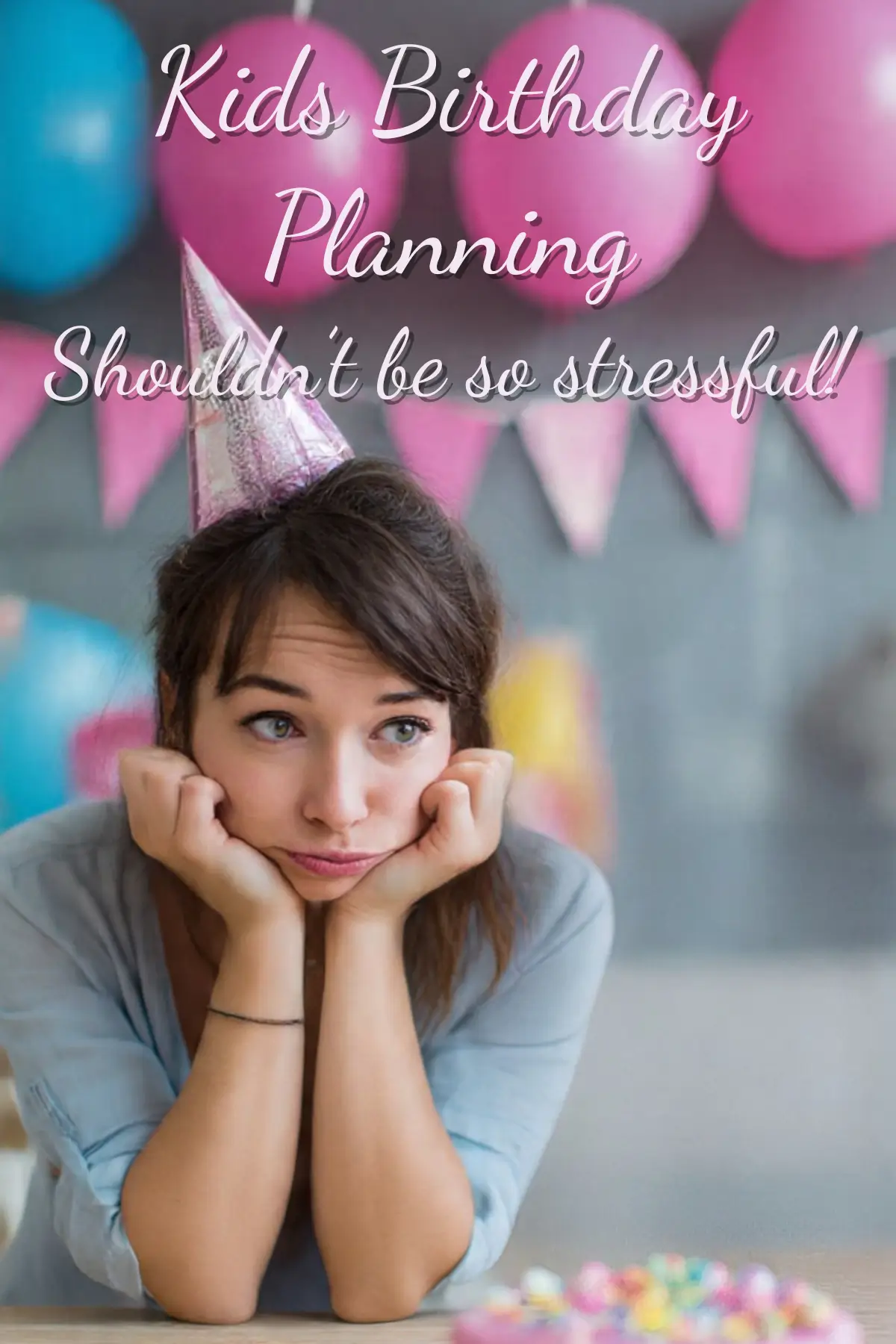 Kids Birthday Party Budget FREE Calculator 7 Stressed woman planning a kids birthday party with balloons and bunting decorations