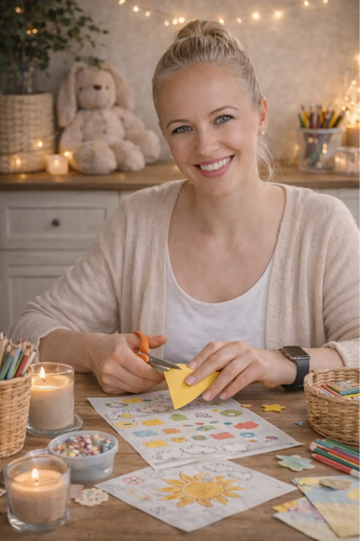 Home 37 Smiling woman crafting DIY paper art at a cozy home desk with candles, colored pencils, and fairy lights.