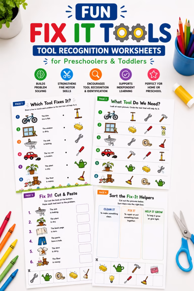 Preschool tool recognition worksheets with matching, sorting, and cut-and-paste activities for toddlers learning fine motor and problem-solving skills.