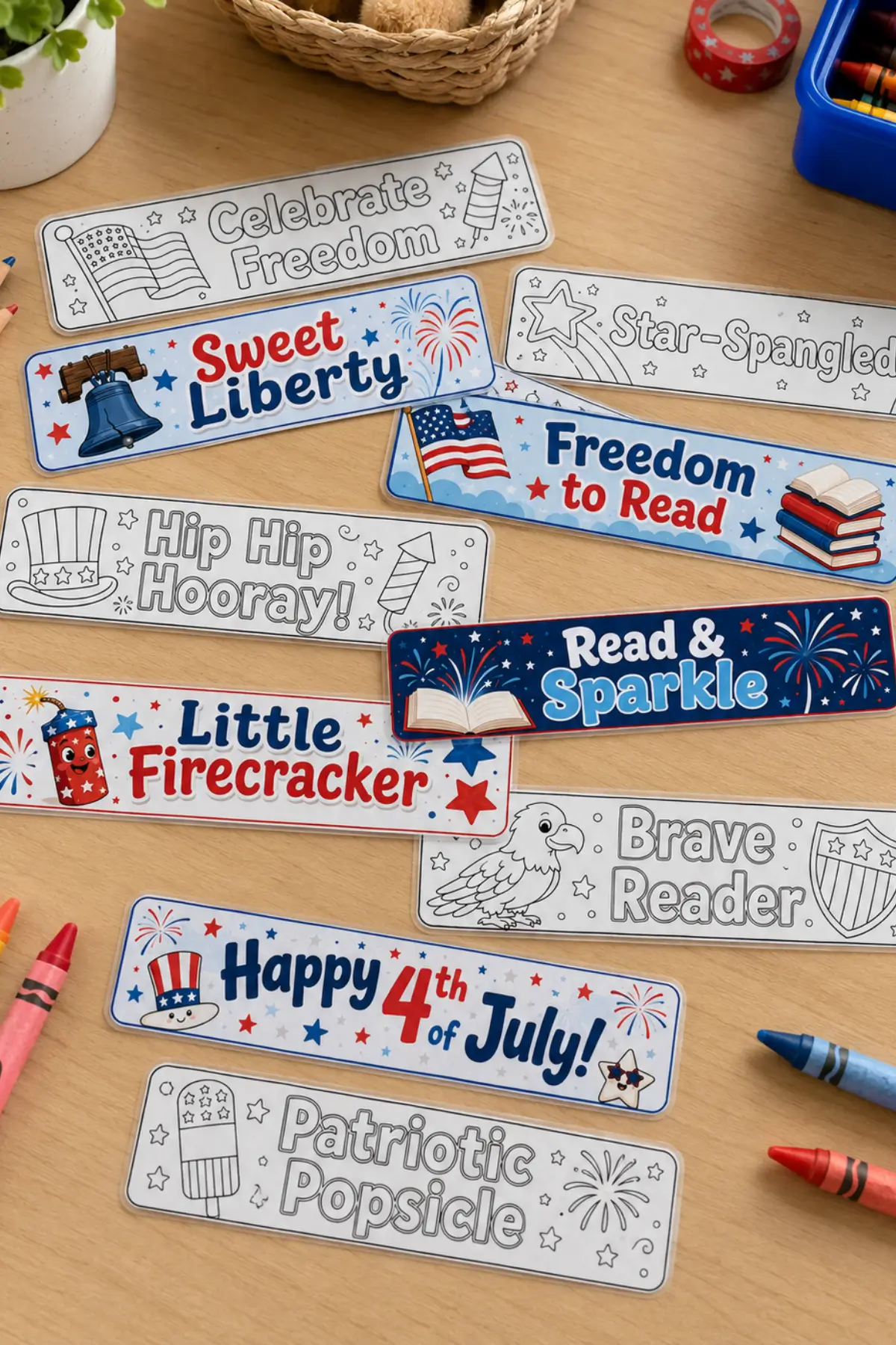 4th of July Printable Bookmarks for Kids - Colored & Color-Your-Own Designs 8 Fourth of July printable bookmarks for kids with patriotic designs, crayons, and reading slogans on a classroom desk.
