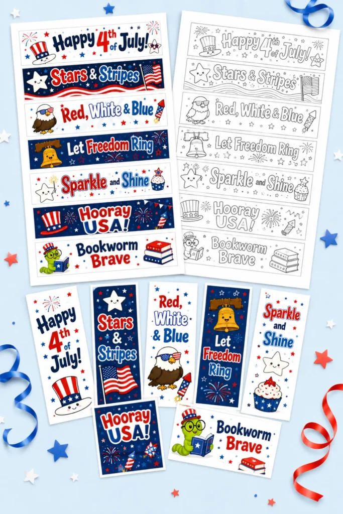 Printable Independence Day bookmarks for kids with patriotic USA designs and color-your-own pages