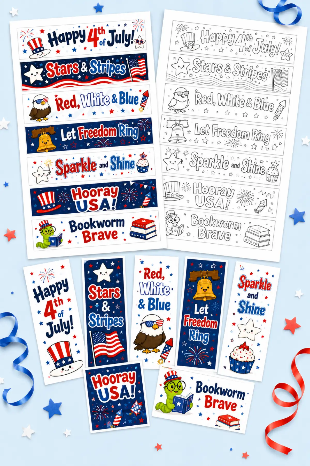 Printable Independence Day bookmarks for kids with patriotic USA designs and color-your-own pages
