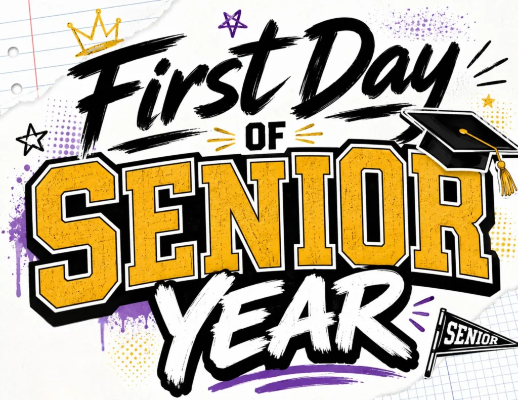 First Day of Senior Year graphic with bold yellow lettering, graduation cap, doodles, and notebook paper theme.