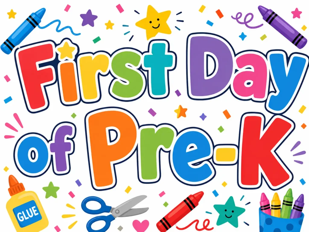 Colorful First Day of Pre-K sign with crayons, glue, scissors, stars, and confetti