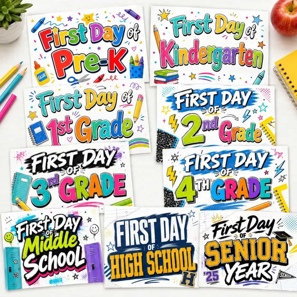 Colorful first day of school printable signs for Pre-K, kindergarten, grades 1–4, middle and high school, senior year
