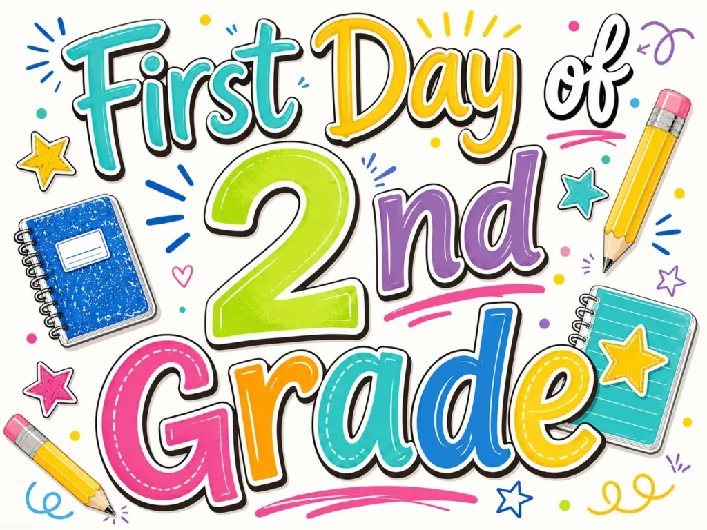 Colorful First Day of 2nd Grade poster with pencils, stars, and notebooks for back to school