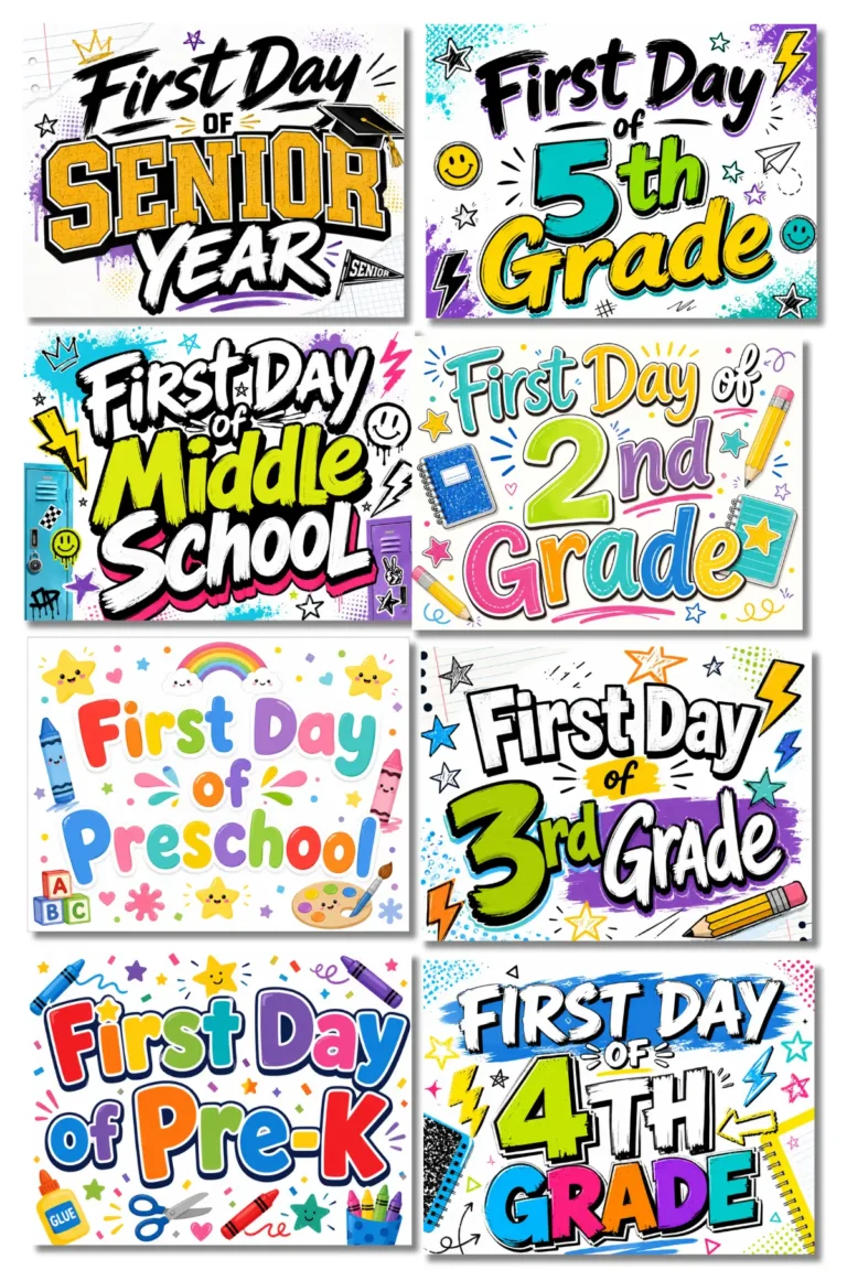 Colorful first day of school printable signs for Pre-K, Preschool, Middle School, 2nd–5th grade, and Senior Year