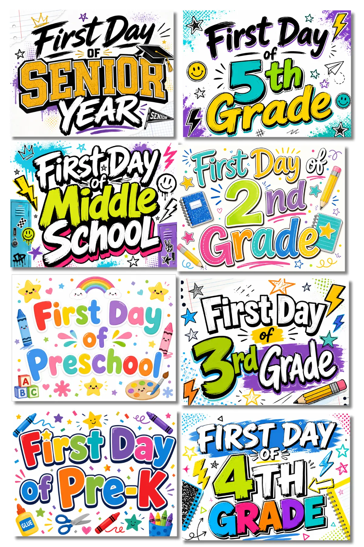 Colorful first day of school printable signs for Pre-K, Preschool, Middle School, 2nd–5th grade, and Senior Year