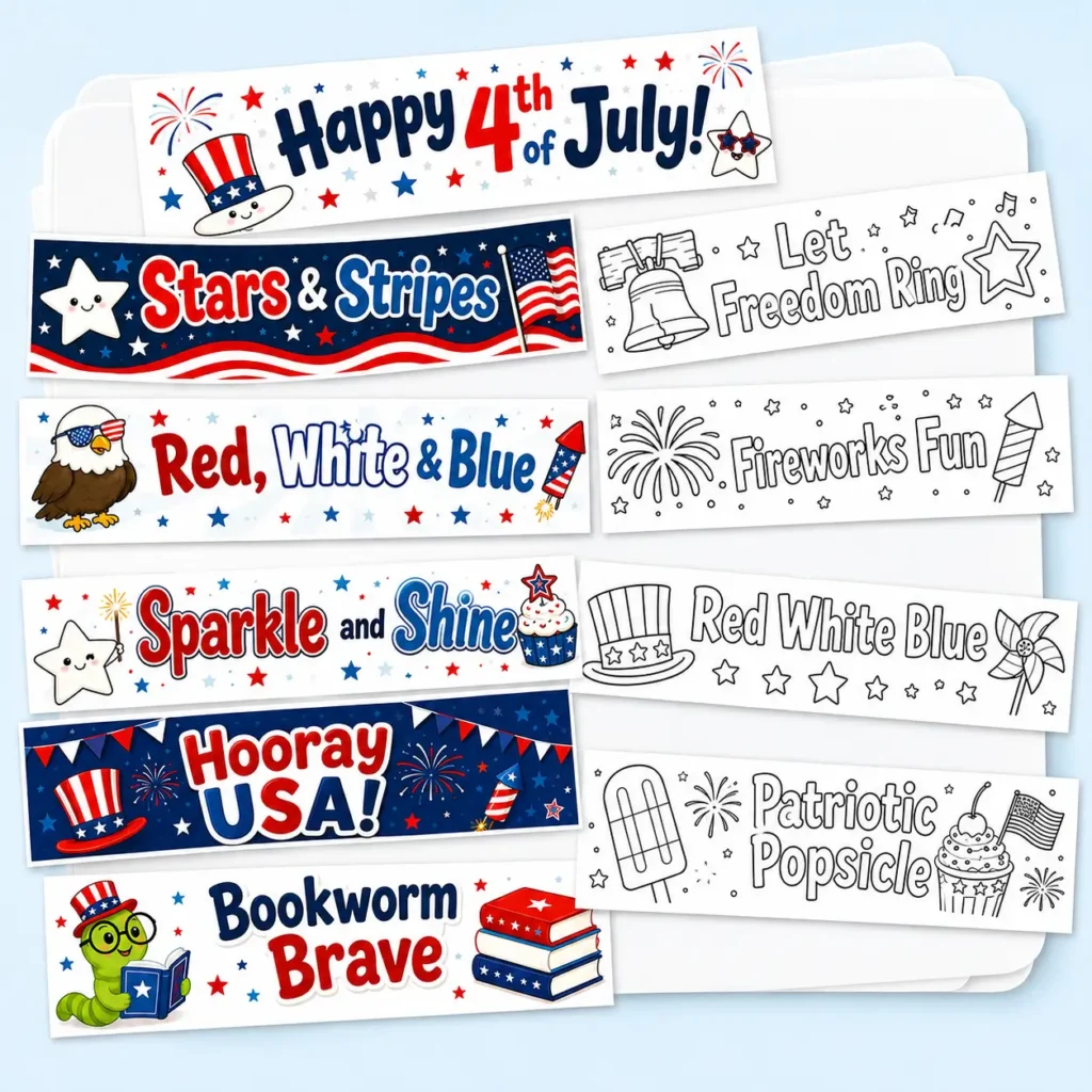 4th of July Printable Bookmarks for Kids - Colored & Color-Your-Own Designs 9 Printable 4th of July bookmarks for kids with patriotic red, white and blue designs, stars, stripes, and fireworks.