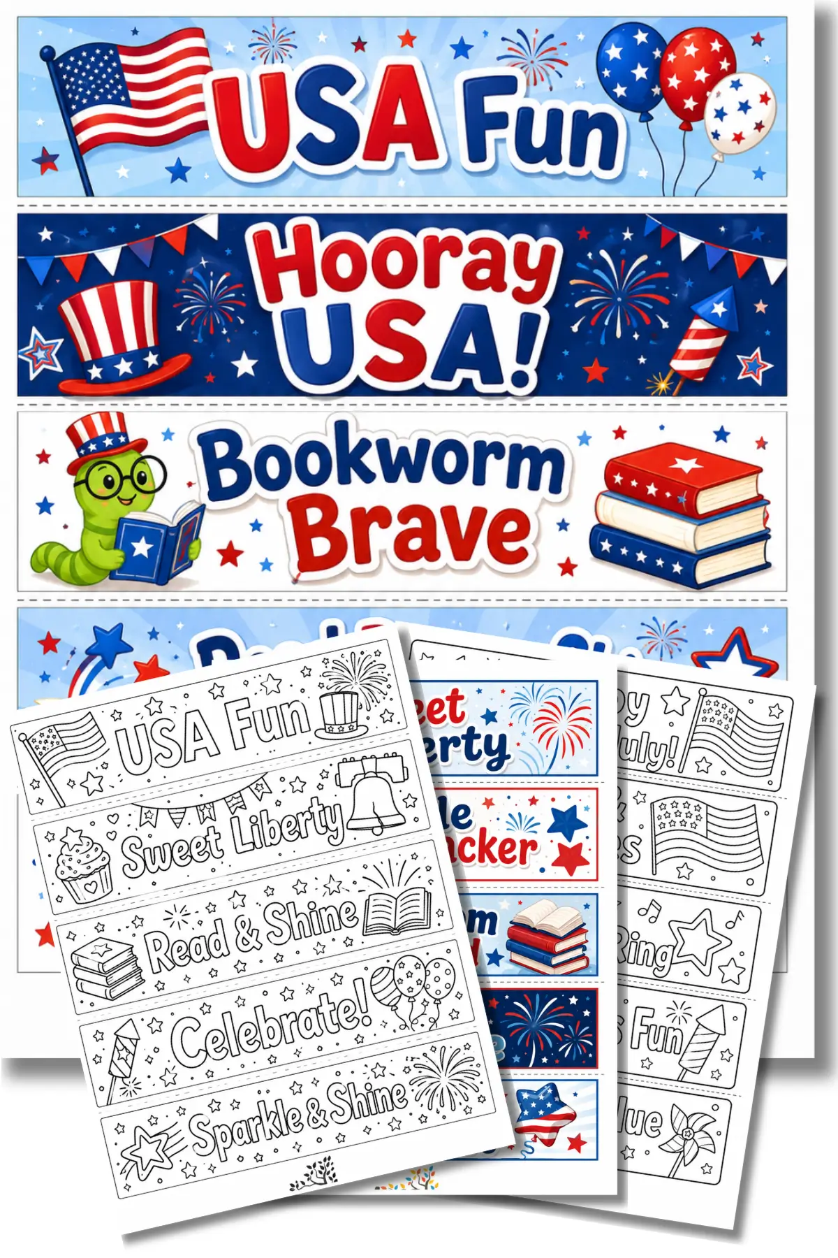 4th of July Printable Bookmarks for Kids - Colored & Color-Your-Own Designs 7 Printable patriotic USA bookmarks and coloring pages with flags, fireworks, balloons, and books