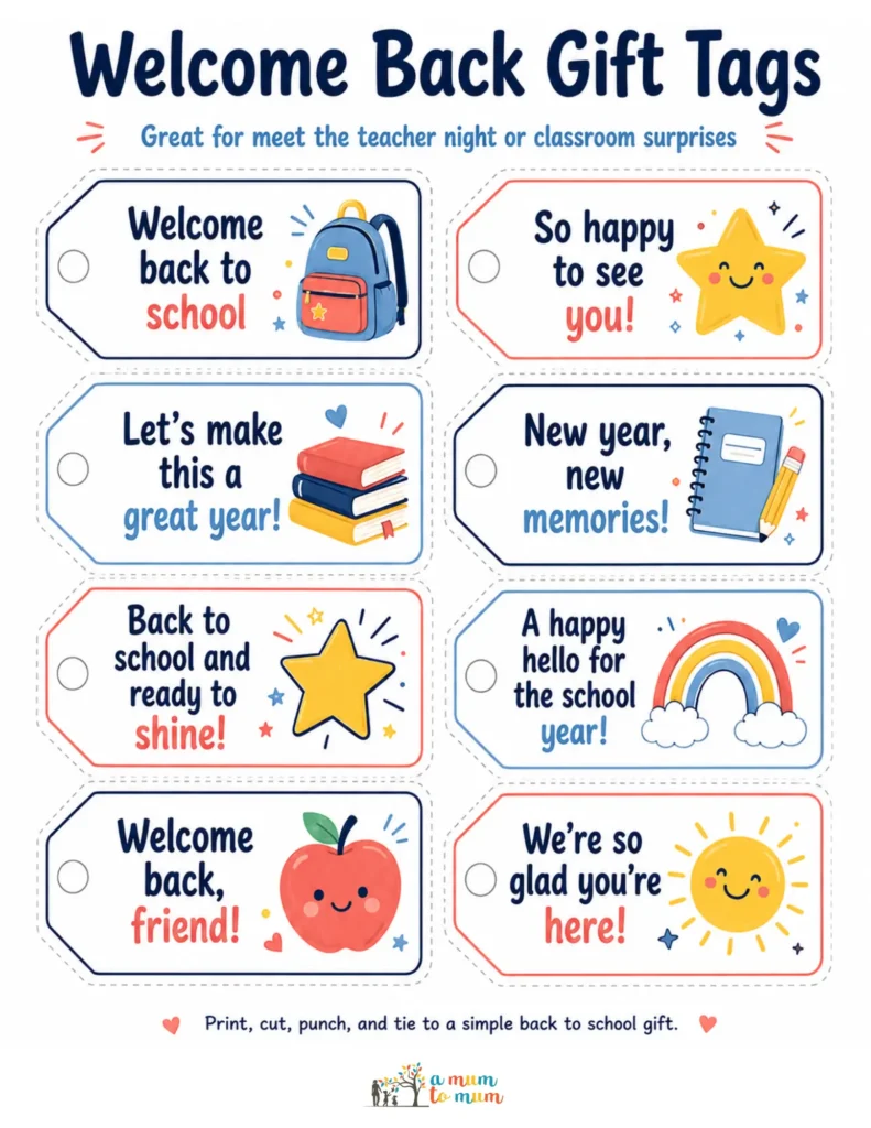 Printable welcome back to school gift tags with cute icons: backpack, star, books, rainbow, apple, sun.